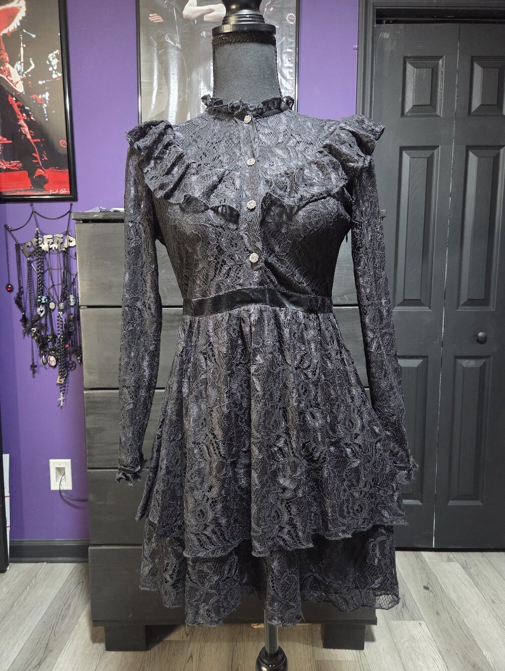 Zara Black Lace Long Sleeve Dress S Goth Victorian Ruffle Emo Lolita Punk Mini